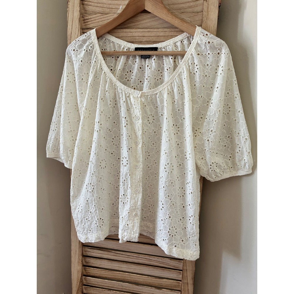 Sanctuary White Eyelet Button Down Blouse Short Sleeve Cotton Top Cottagecore XL